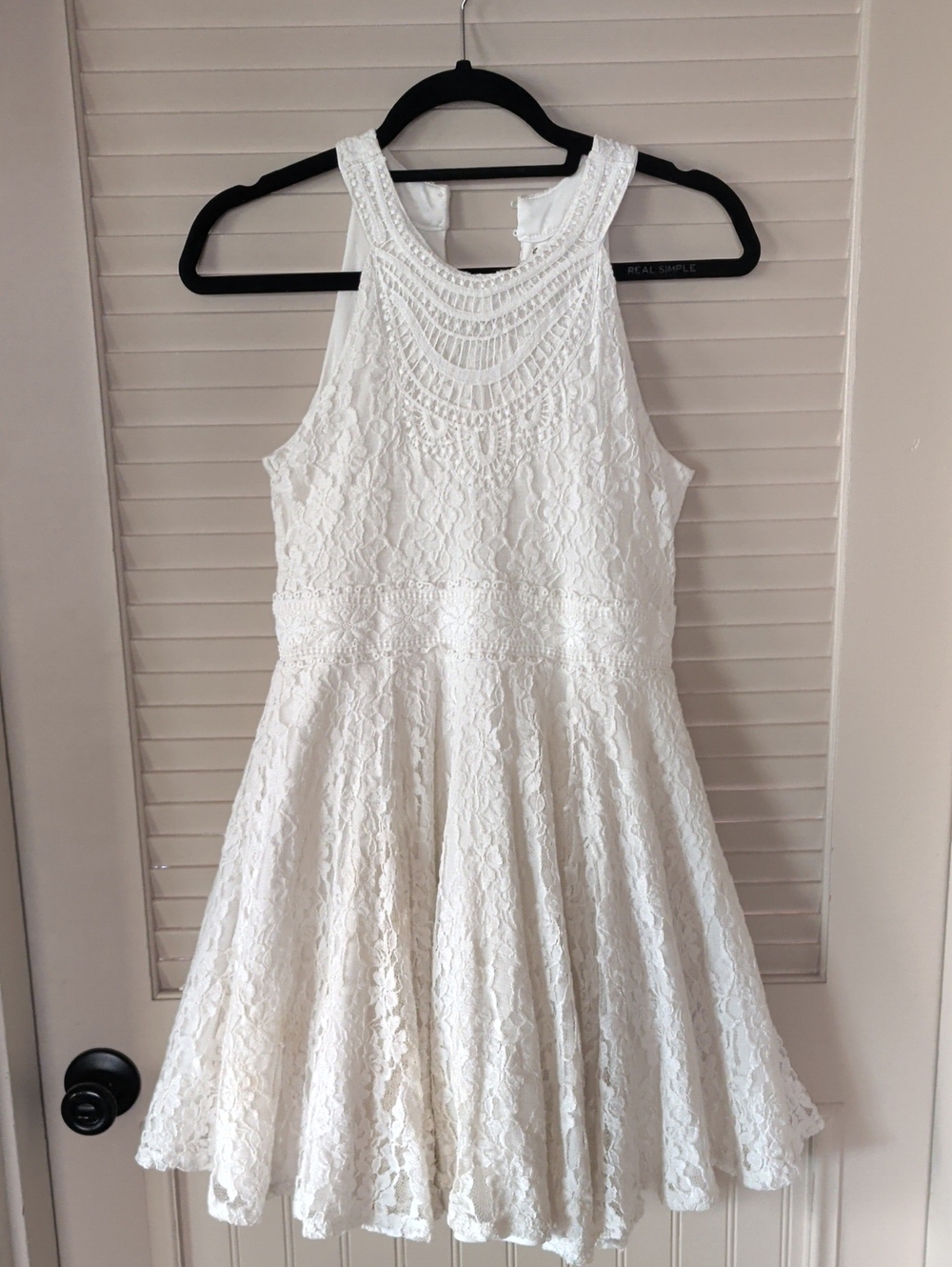Knitworks White Lace Halter Fit-and-Flare Mini Dress